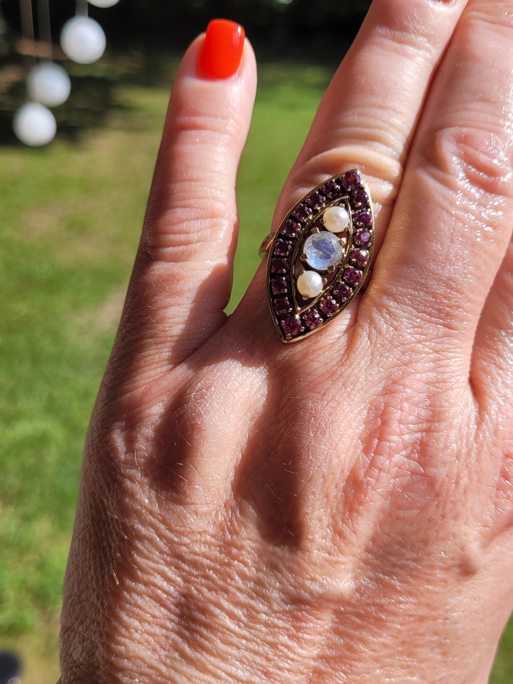 Nicky Butler Gold Marquise Ring with  Pink Stones , Moonstone and Pearls
